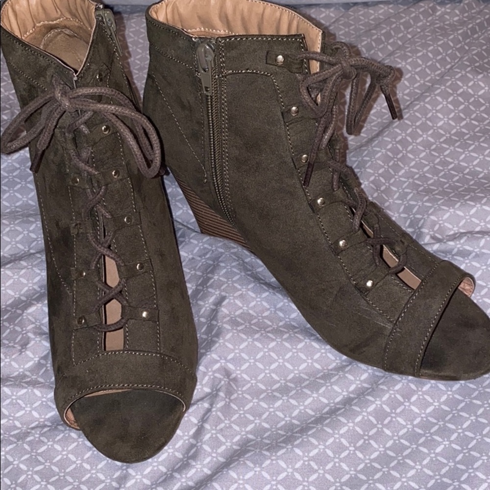 Olive Green peep toe wedges